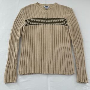 Old Navy Y2K Vintage 2001 Men’s Large Ribbed V-Neck Sweater Beige Brown Stripe